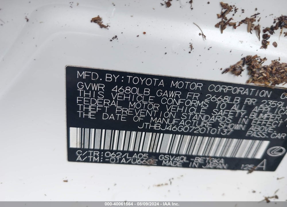 2007 LEXUS ES 350 VIN: JTHBJ46G072010137