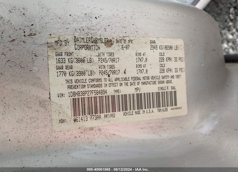 2007 DODGE DURANGO SXT VIN: 1D8HB38P27F584894