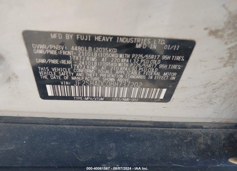 2011 SUBARU FORESTER 2.5X PREMIUM VIN: JF2SHADC0BH737202