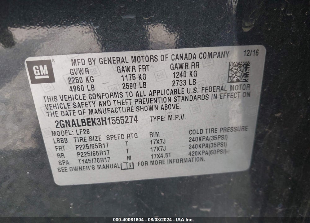 2017 CHEVROLET EQUINOX LS VIN: 2GNALBEK3H1555274