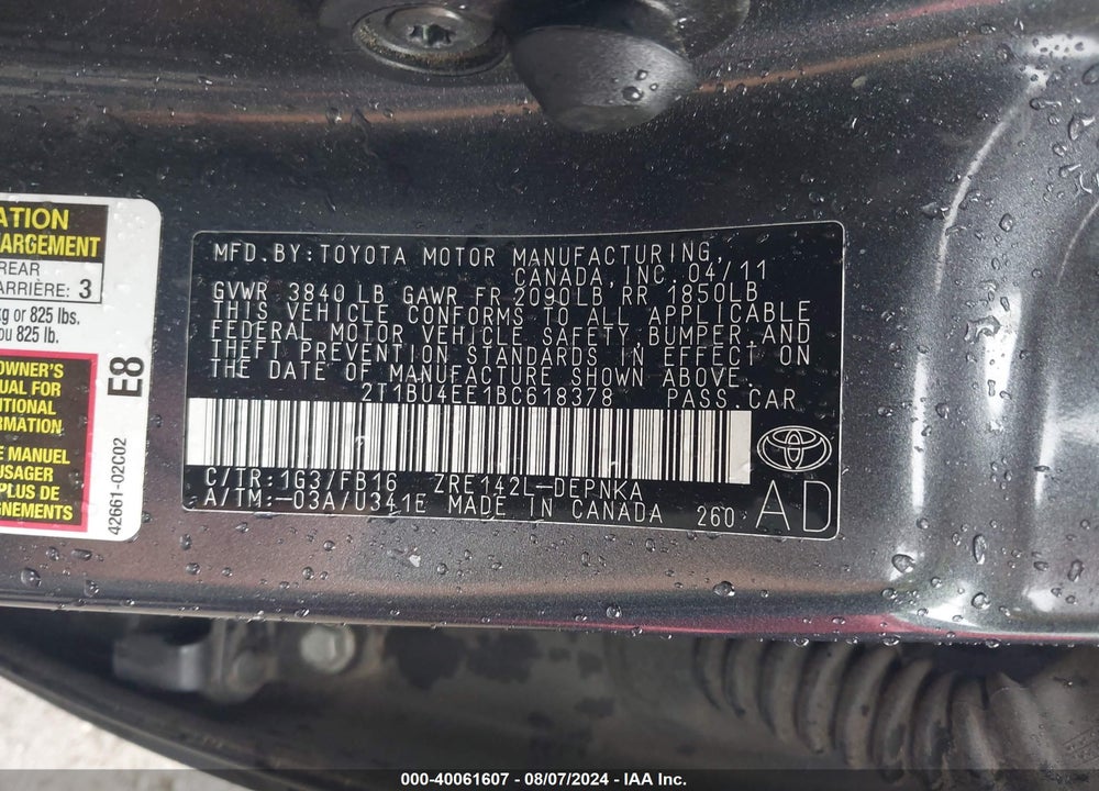 2011 TOYOTA COROLLA VIN: 2T1BU4EE1BC618378
