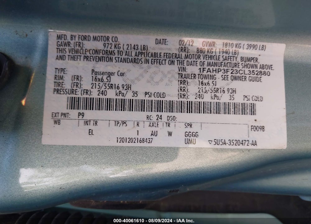 2012 FORD FOCUS SE VIN: 1FAHP3F23CL352880