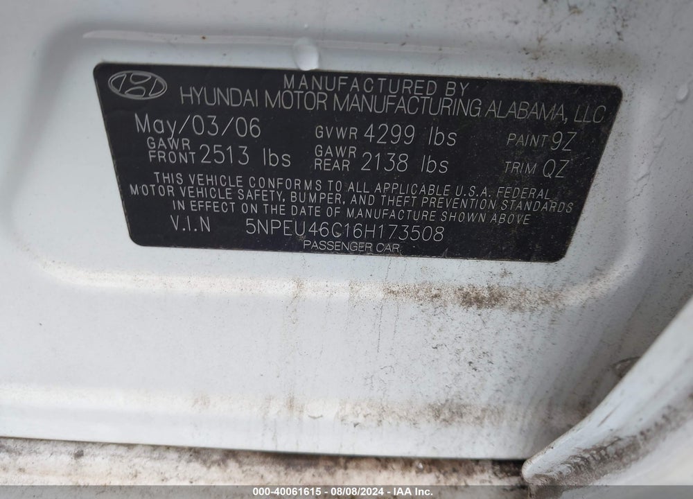 2006 HYUNDAI SONATA GLS VIN: 5NPEU46C16H173508