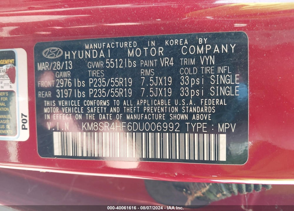 2013 HYUNDAI SANTA FE LIMITED VIN: KM8SR4HF6DU006992