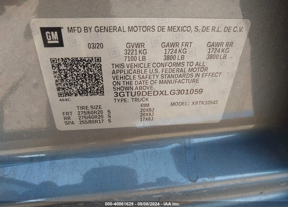2020 GMC SIERRA 1500 4WD SHORT BOX SLT VIN: 3GTU9DEDXLG301059