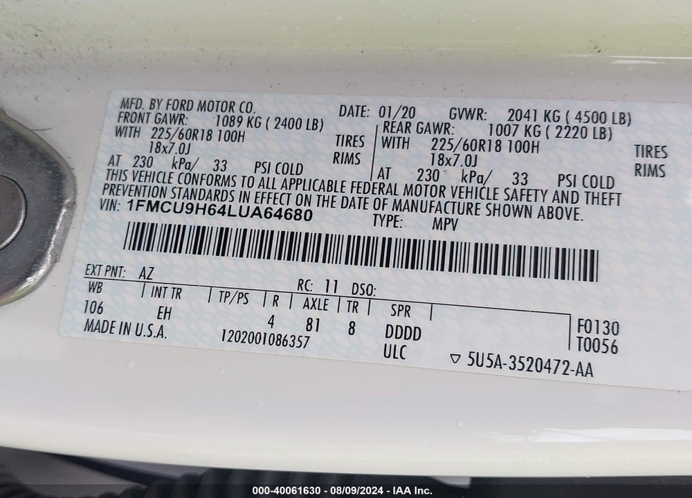 2020 FORD ESCAPE SEL VIN: 1FMCU9H64LUA64680