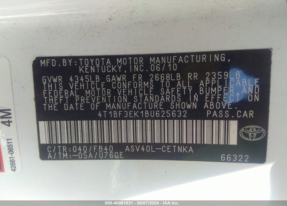 2011 TOYOTA CAMRY VIN: 4T1BF3EK1BU625632