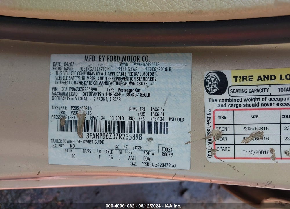 2007 FORD FUSION VIN: 3FAHP06Z37R235898