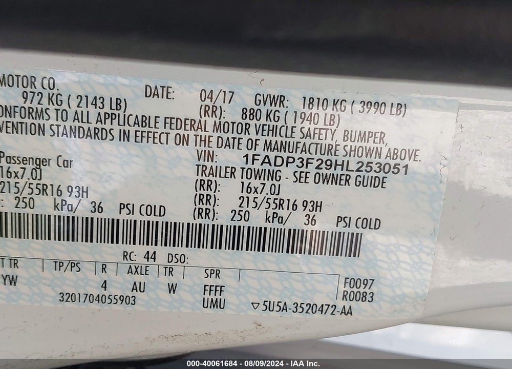 2017 FORD FOCUS SE VIN: 1FADP3F29HL253051