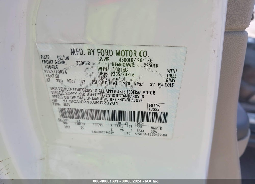 2008 FORD ESCAPE XLT VIN: 1FMCU031X8KD30701
