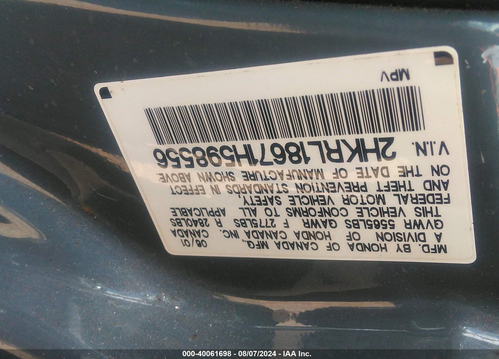 2001 HONDA ODYSSEY EX VIN: 2HKRL18671H598556