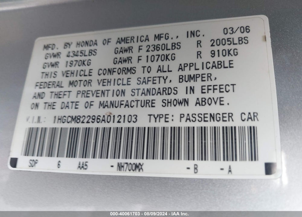 2006 HONDA ACCORD 3.0 LX VIN: 1HGCM82296A012103