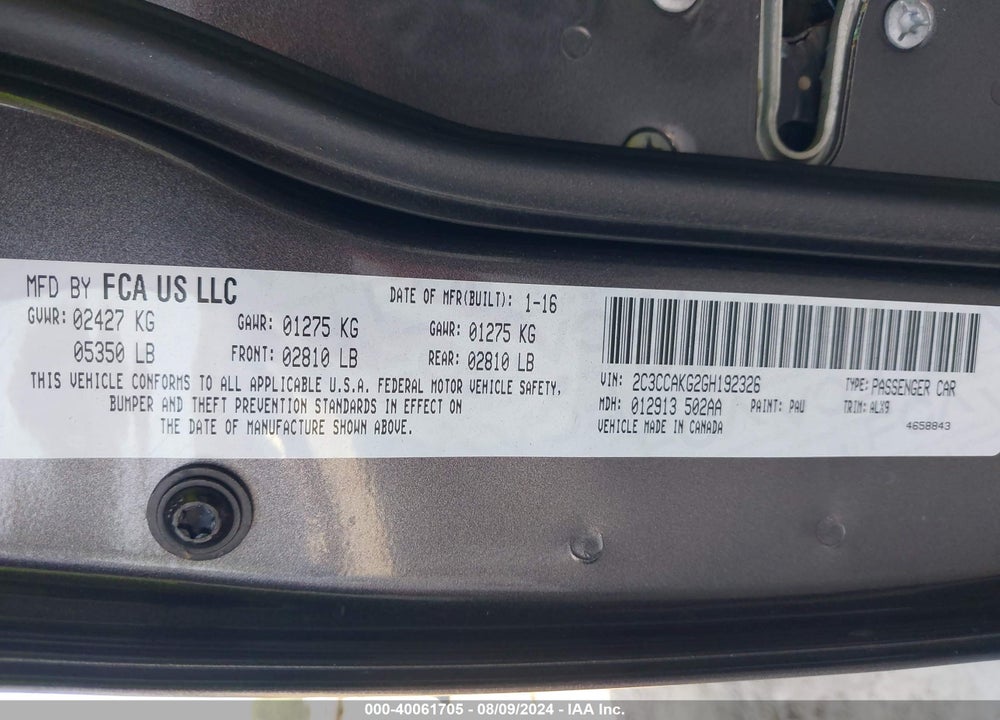 2016 CHRYSLER 300C VIN: 2C3CCAKG2GH192326