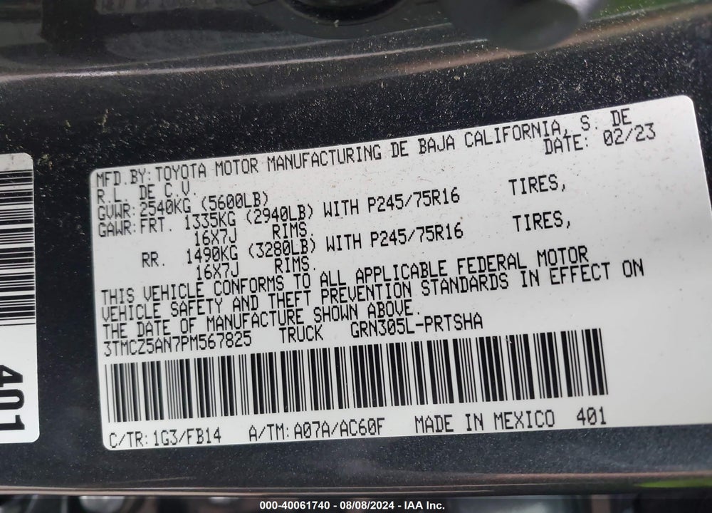 2023 TOYOTA TACOMA SR V6 VIN: 3TMCZ5AN7PM567825