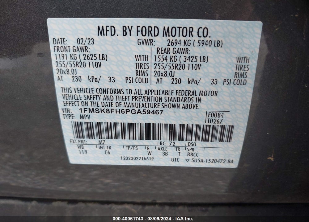 2023 FORD EXPLORER LIMITED VIN: 1FMSK8FH6PGA59467