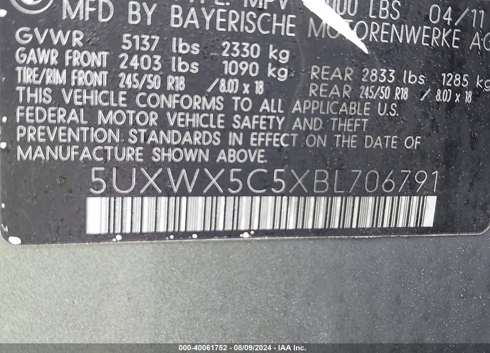2011 BMW X3 XDRIVE28I VIN: 5UXWX5C5XBL706791