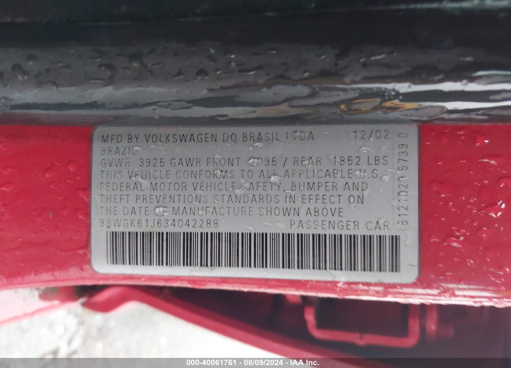 2003 VOLKSWAGEN GOLF GLS 2.0L VIN: 9BWGK61J634042288