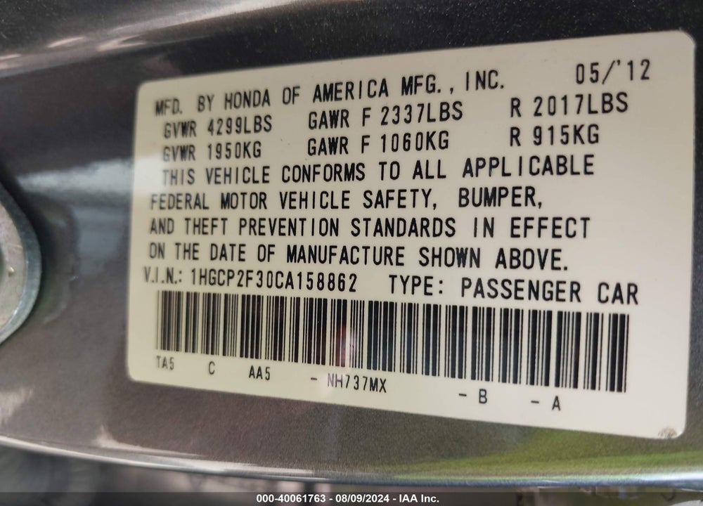 2012 HONDA ACCORD 2.4 LX VIN: 1HGCP2F30CA158862