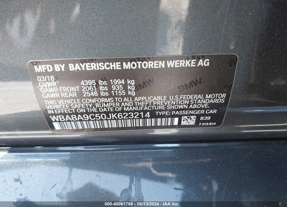2018 BMW 320I VIN: WBA8A9C50JK623214