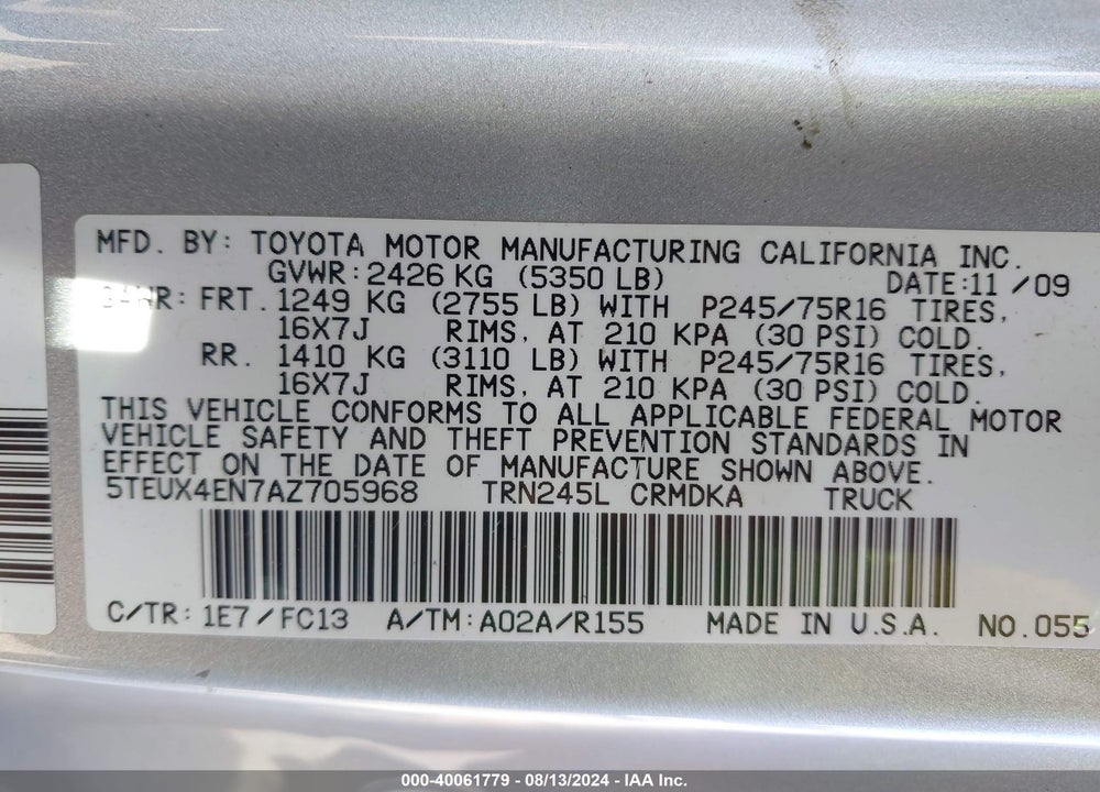 2010 TOYOTA TACOMA VIN: 5TEUX4EN7AZ705968