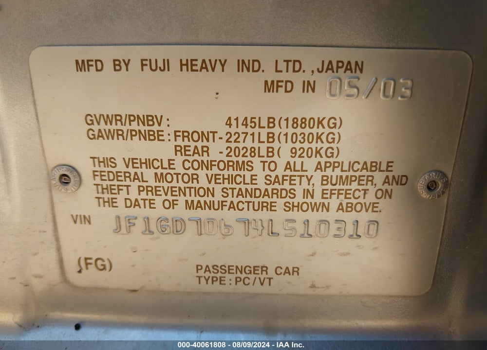 2004 SUBARU IMPREZA WRX STI VIN: JF1GD70674L510310
