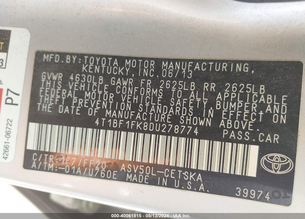 2013 TOYOTA CAMRY SE VIN: 4T1BF1FK8DU278774