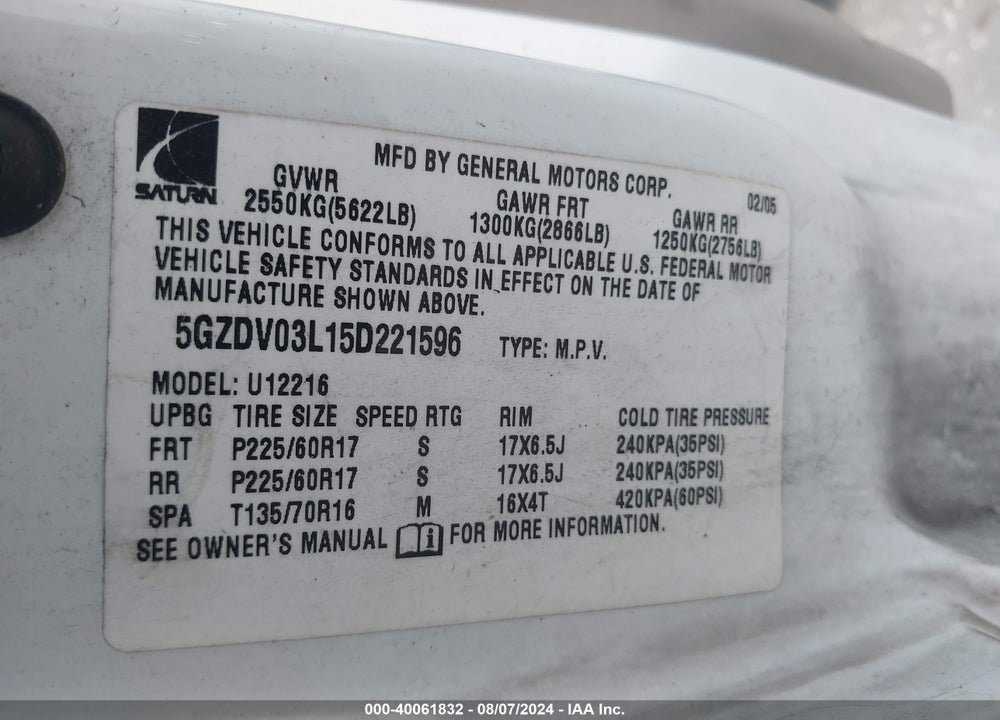 2005 SATURN RELAY VIN: 5GZDV03L15D221596