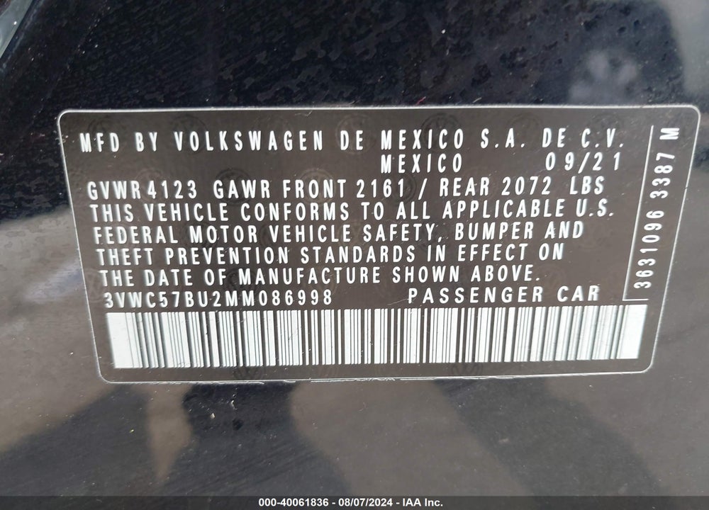 2021 VOLKSWAGEN JETTA VIN: 3VWC57BU2MM086998