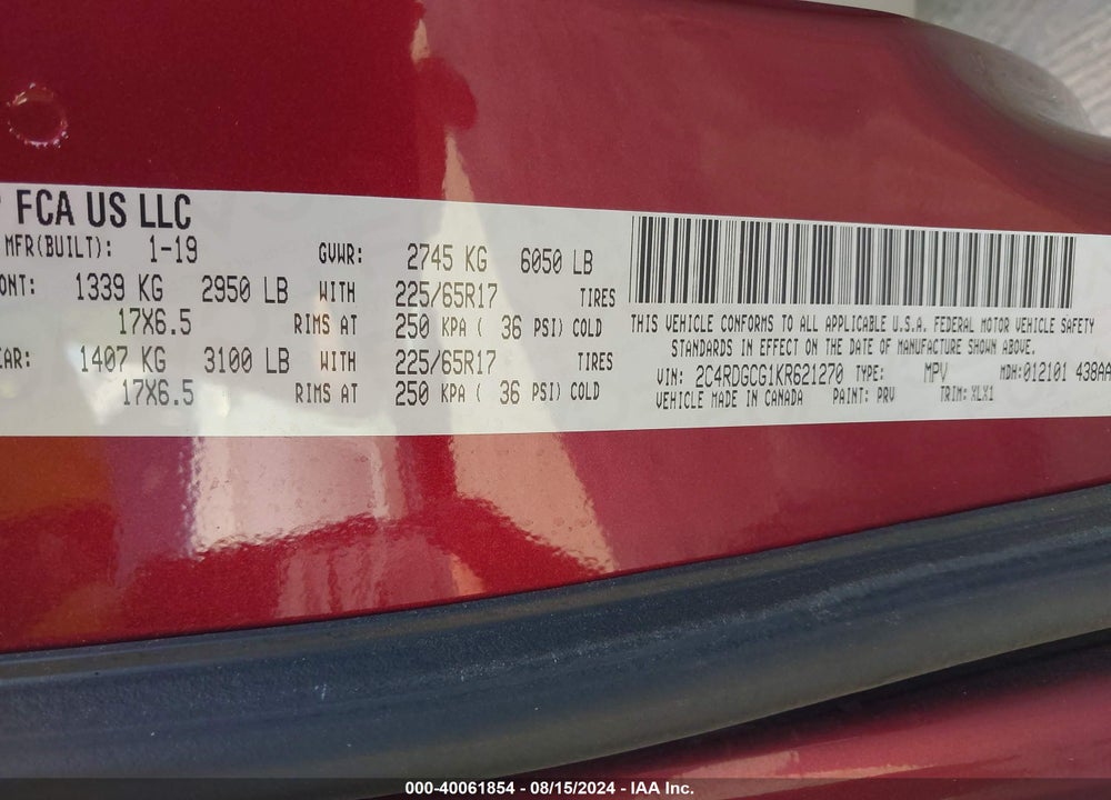 2019 DODGE GRAND CARAVAN SXT VIN: 2C4RDGCG1KR621270