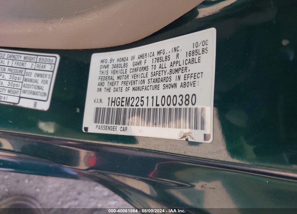2001 HONDA CIVIC LX VIN: 1HGEM22511L000380