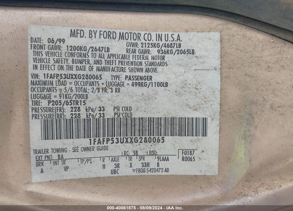 1999 FORD TAURUS SE/SE-NE VIN: 1FAFP53UXXG280065