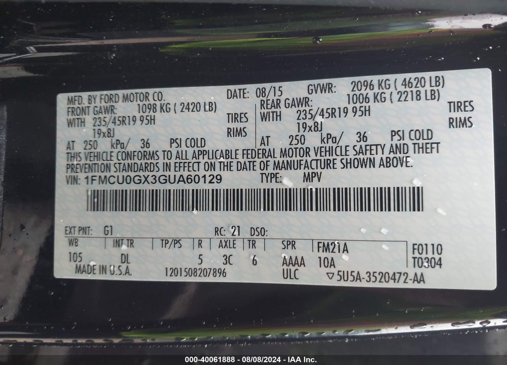 2016 FORD ESCAPE SE VIN: 1FMCU0GX3GUA60129