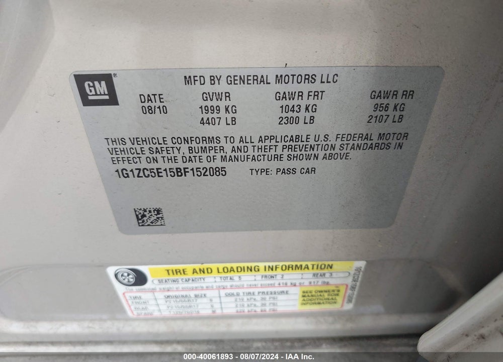 2011 CHEVROLET MALIBU 1LT VIN: 1G1ZC5E15BF152085