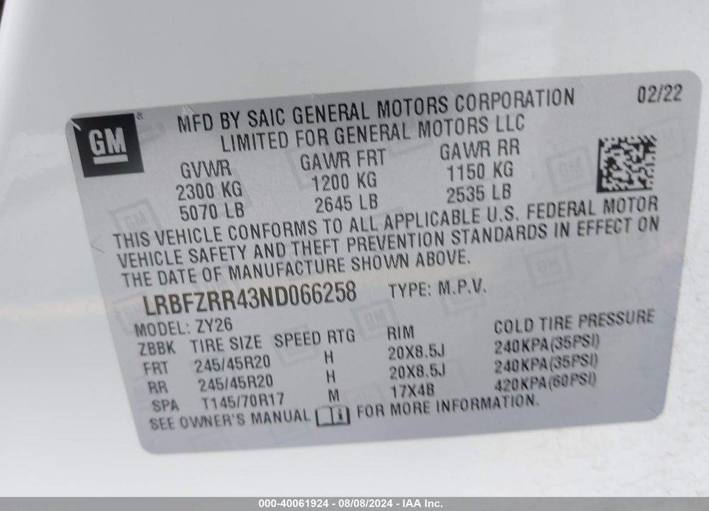 2022 BUICK ENVISION FWD AVENIR VIN: LRBFZRR43ND066258