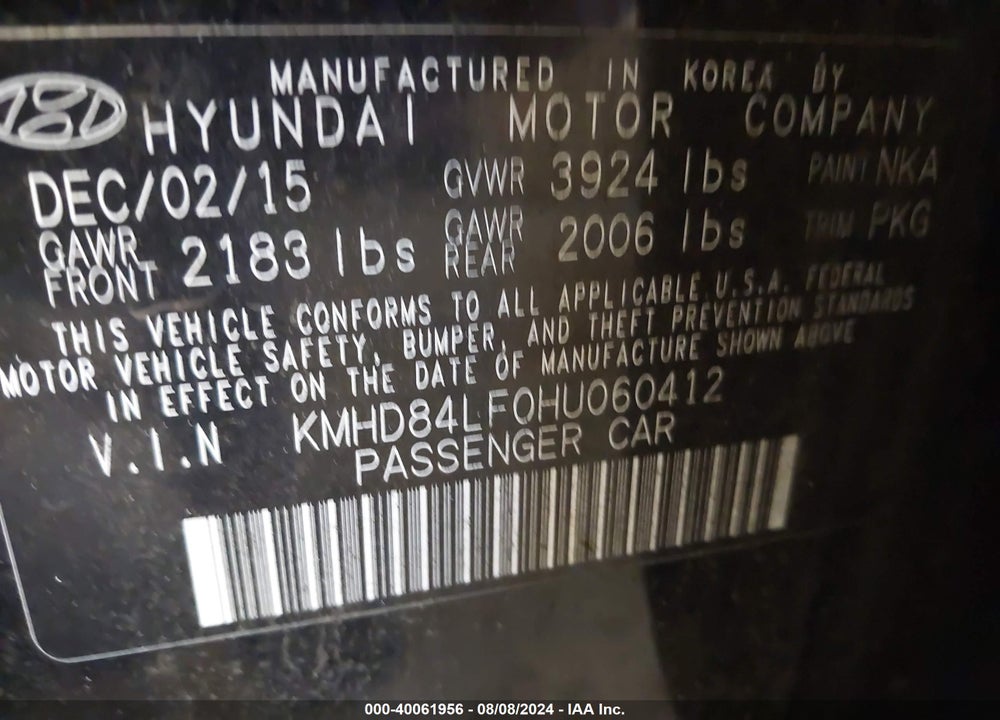2017 HYUNDAI ELANTRA SE VIN: KMHD84LF0HU060412