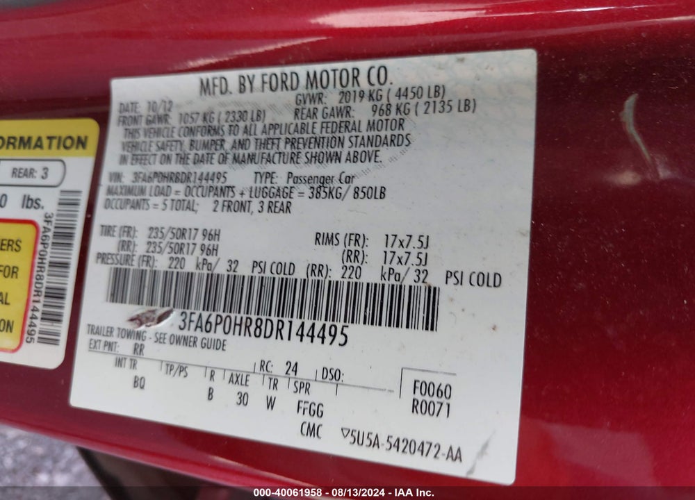 2013 FORD FUSION SE VIN: 3FA6P0HR8DR144495