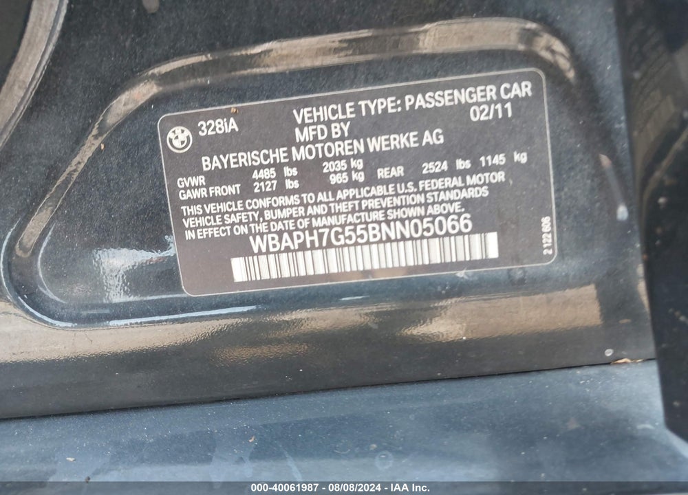 2011 BMW 328I VIN: WBAPH7G55BNN05066
