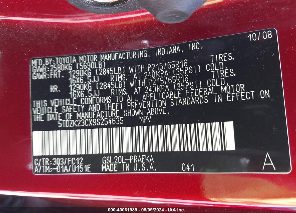 2009 TOYOTA SIENNA LE VIN: 5TDZK23CX9S254635