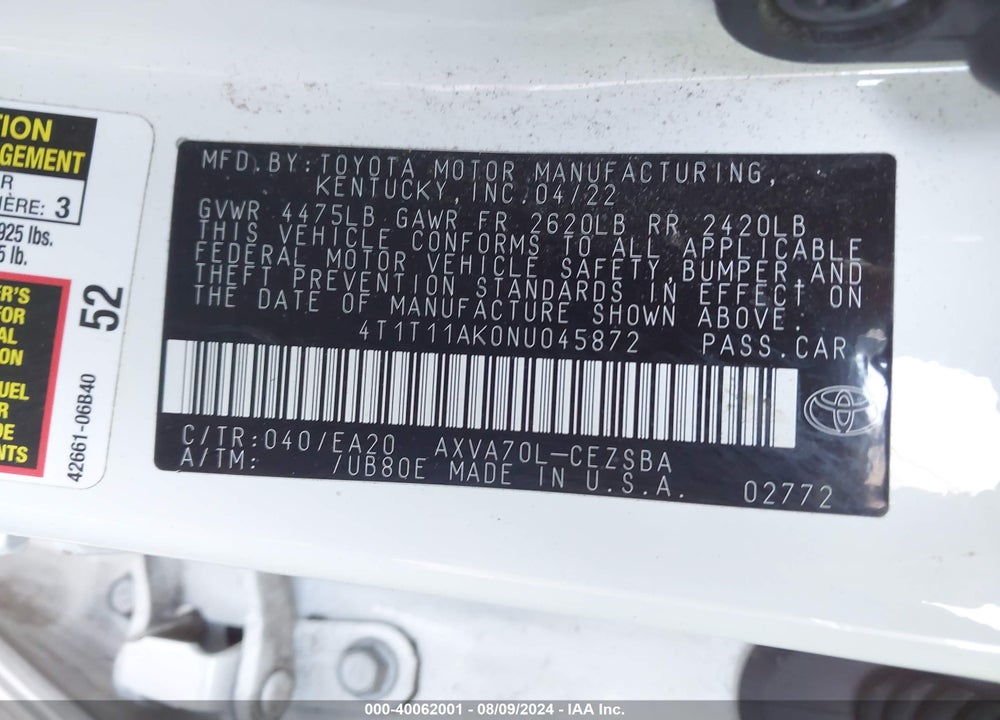 2022 TOYOTA CAMRY SE VIN: 4T1T11AK0NU045872
