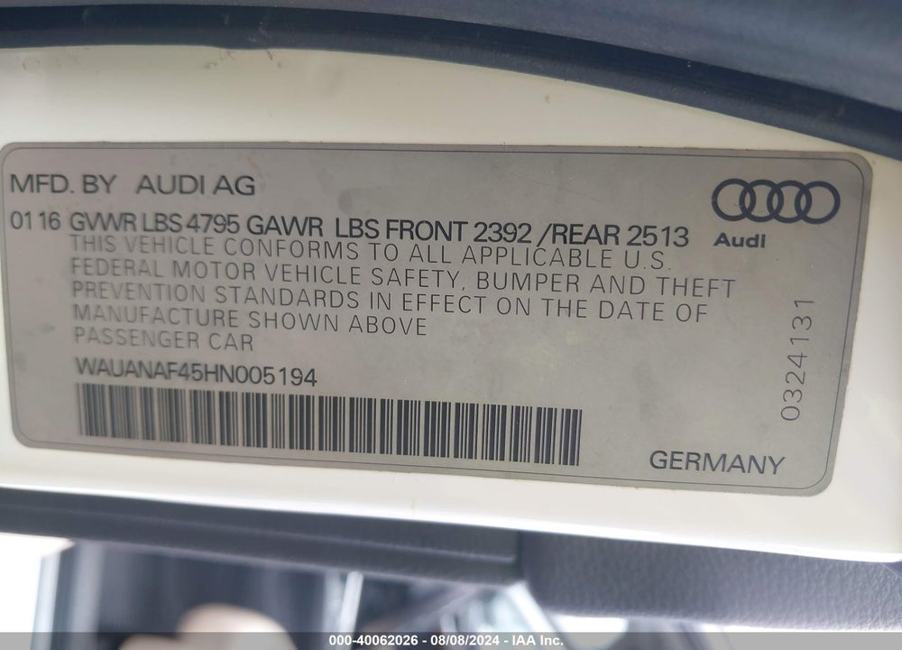 2017 AUDI A4 2.0T PREMIUM VIN: WAUANAF45HN005194