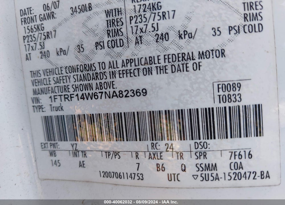2007 FORD F-150 STX/XL/XLT VIN: 1FTRF14W67NA82369