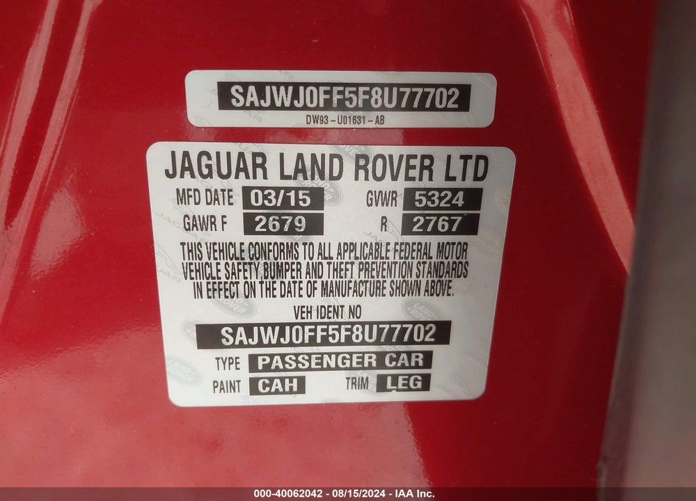2015 JAGUAR XF 3.0 PORTFOLIO/3.0 SPORT VIN: SAJWJ0FF5F8U77702