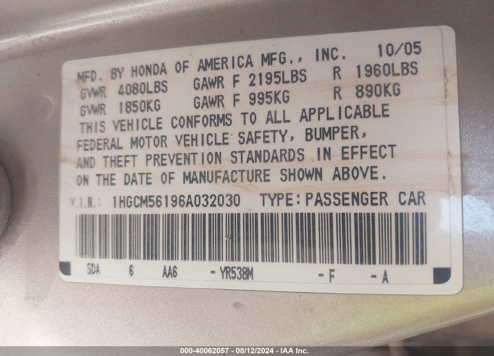 2006 HONDA ACCORD 2.4 VP VIN: 1HGCM56196A032030
