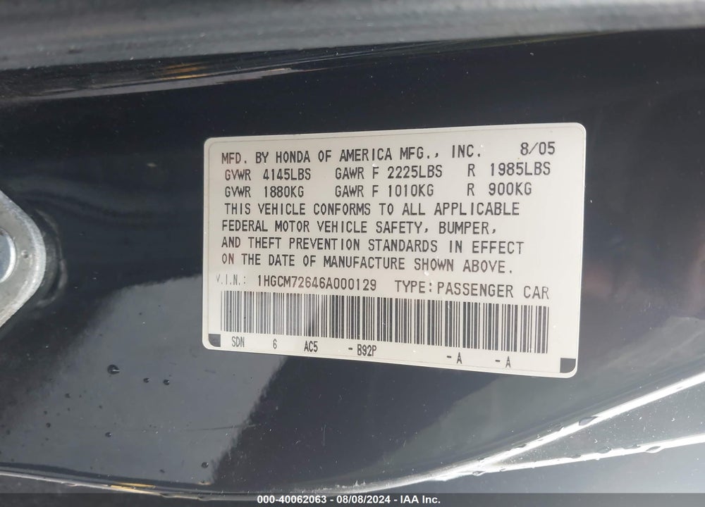 2006 HONDA ACCORD 2.4 EX VIN: 1HGCM72646A000129