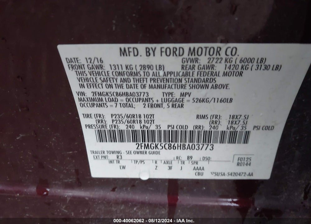 2017 FORD FLEX SEL VIN: 2FMGK5C86HBA03773