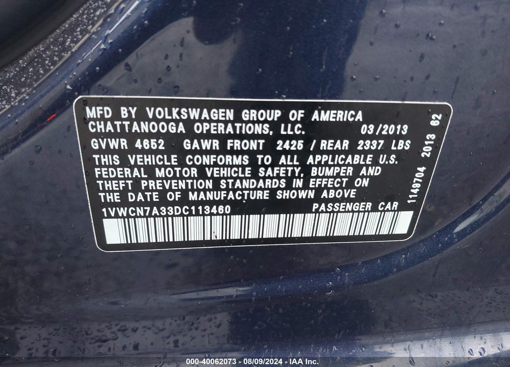2013 VOLKSWAGEN PASSAT 2.0L TDI SEL PREMIUM VIN: 1VWCN7A33DC113460