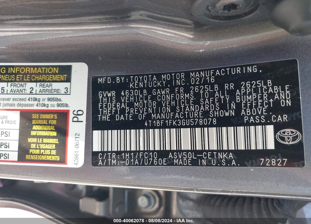 2016 TOYOTA CAMRY LE VIN: 4T1BF1FK3GU578078