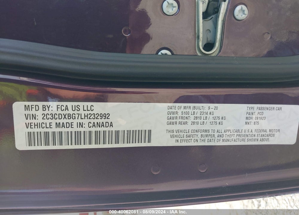 2020 DODGE CHARGER VIN: 2C3CDXBG7LH232992