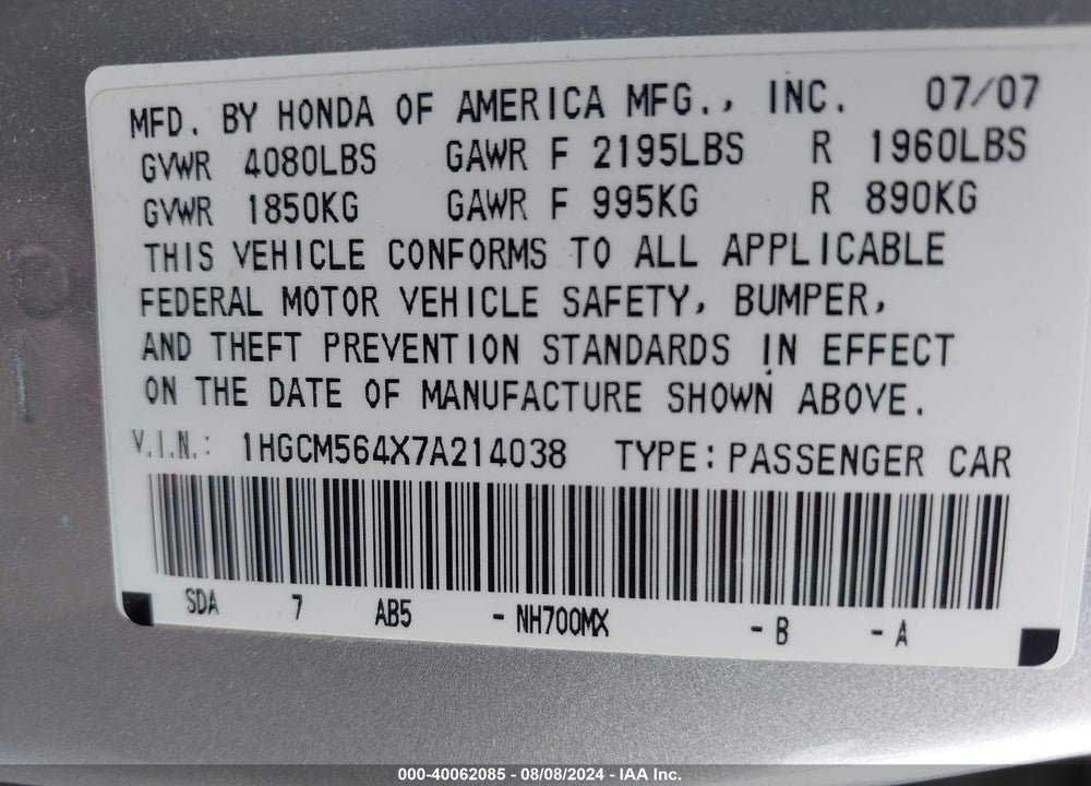 2007 HONDA ACCORD 2.4 LX VIN: 1HGCM564X7A214038
