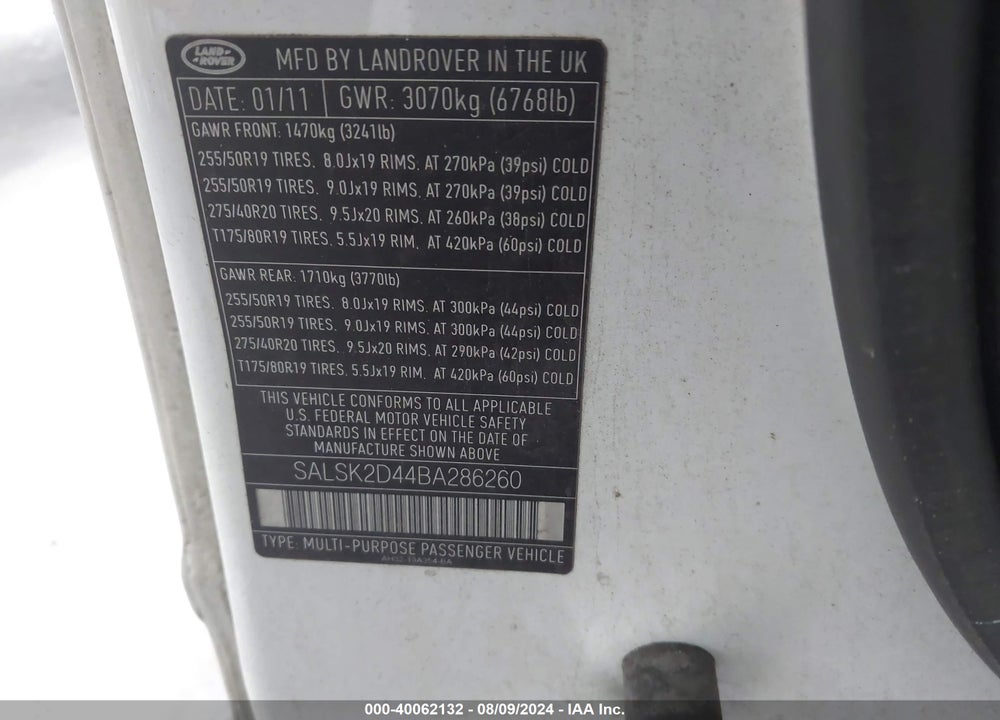 2011 LAND ROVER RANGE ROVER SPORT HSE VIN: SALSK2D44BA286260